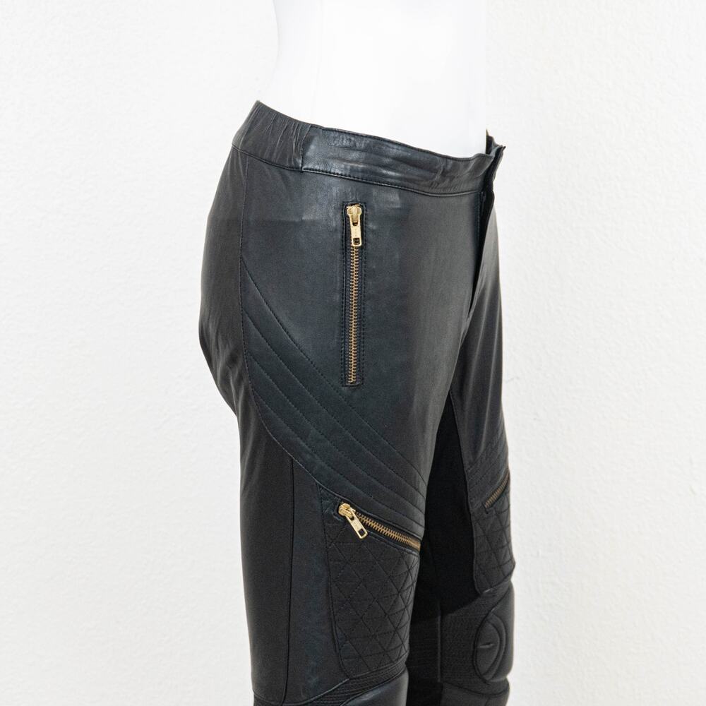 Skingraft Black Leather Moto Pants Quilted Knee Zip Skinny Biker size Small - Picture 14 of 15